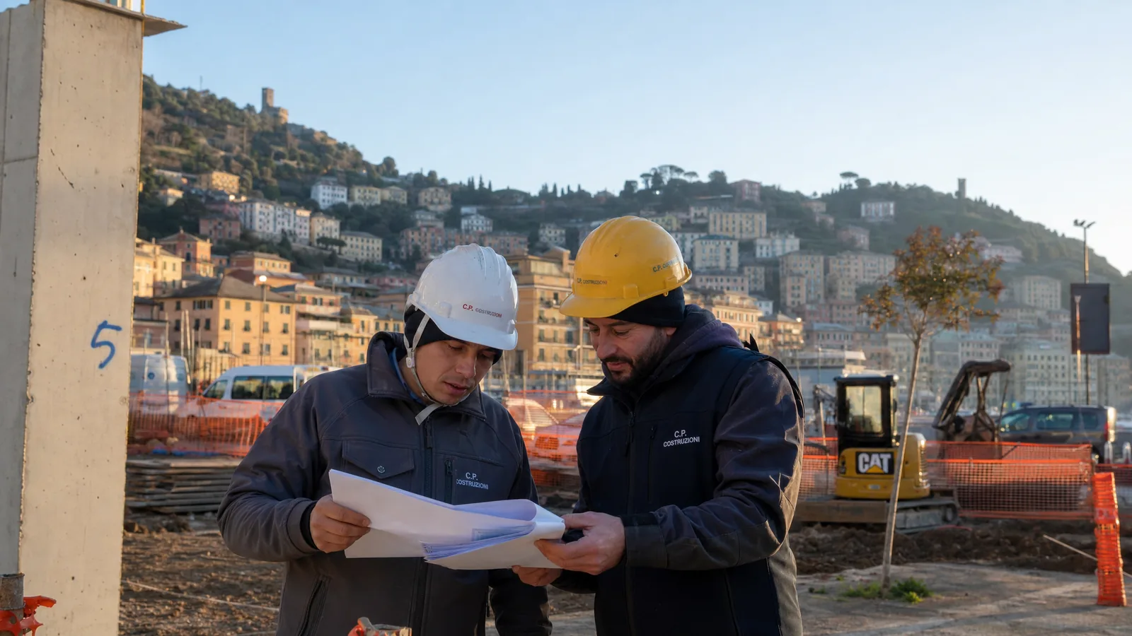 Muratore con elmetto e documenti, cantiere ligure