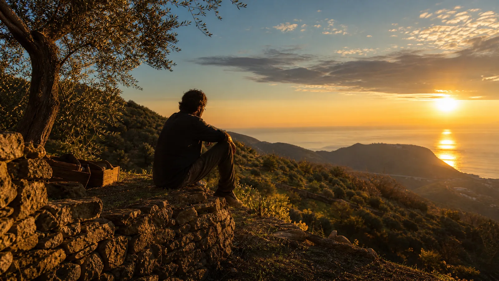 Artigiano ligure al tramonto su muretto con ulivi e mare sullo sfondo