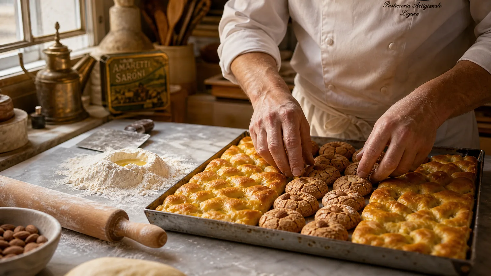 Pasticceria artigianale ligure, mani sul piano di marmo