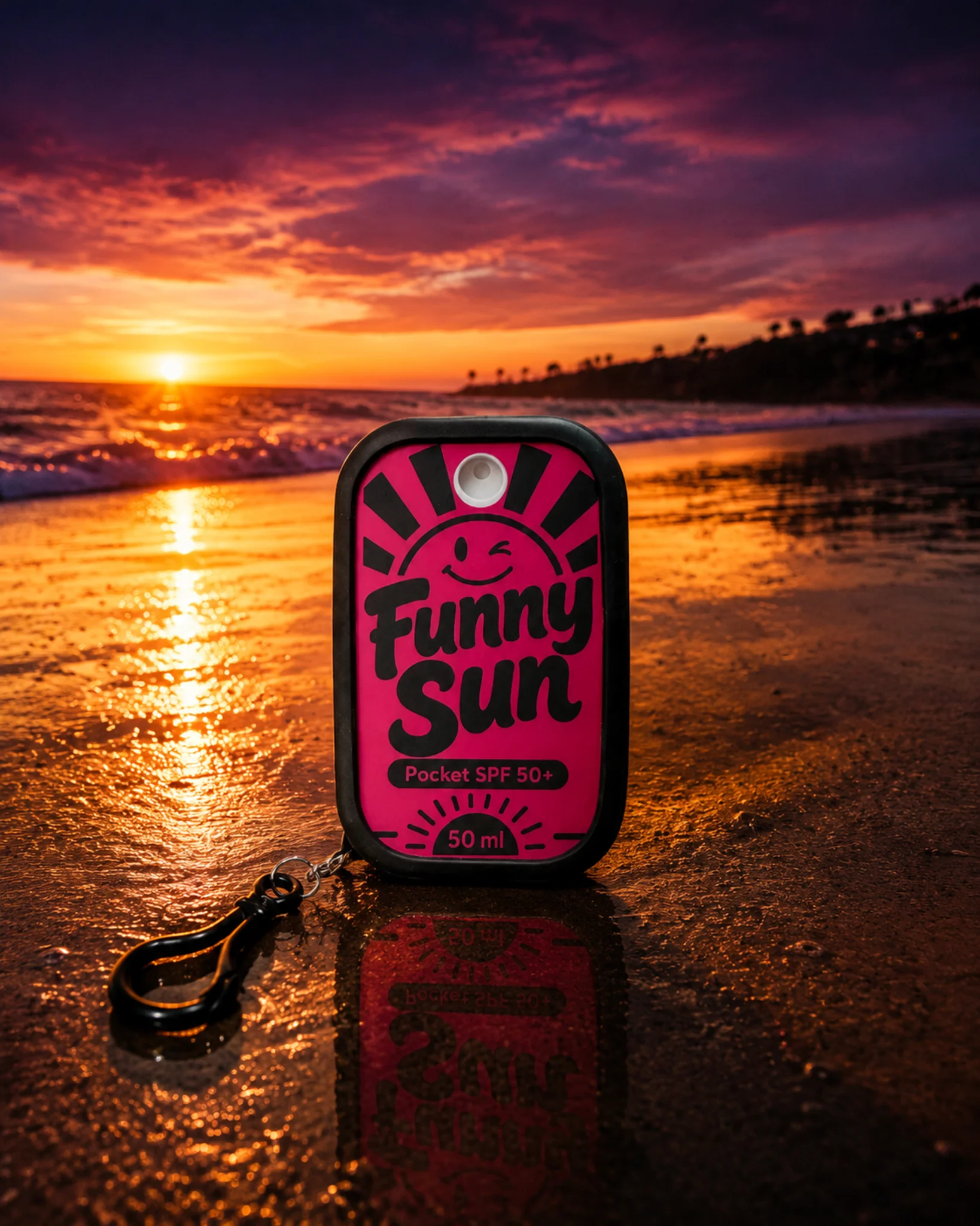 Spiaggia al golden hour, sole basso sull'orizzonte — Funny Sun