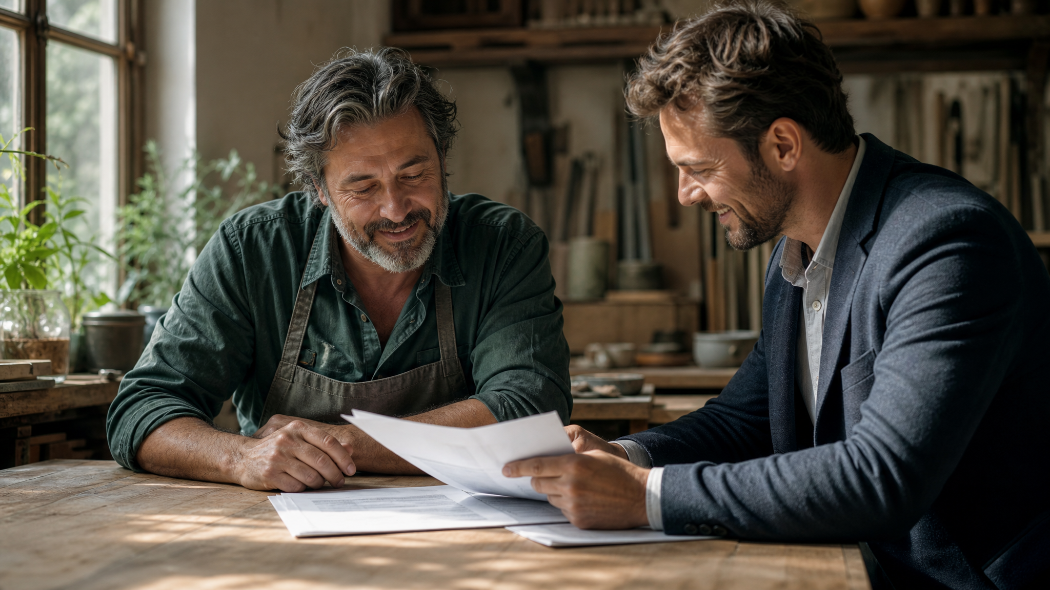Imprenditore artigiano in consulenza con un professionista per la crisi d'impresa