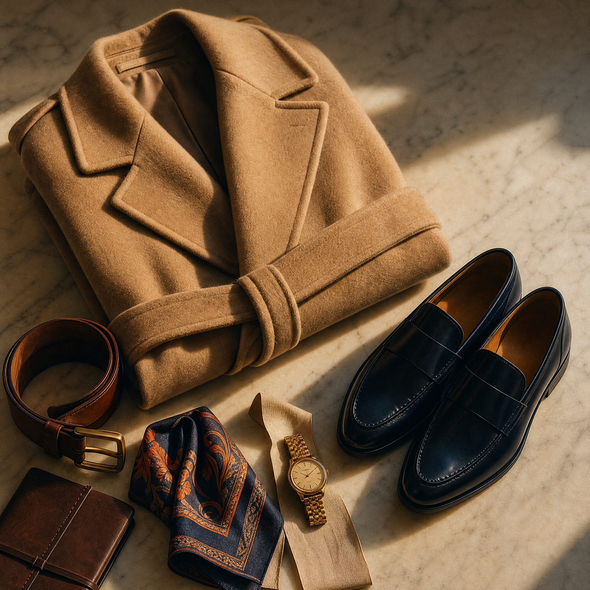 DelixGo Style — flat lay trench, loafers e foulard