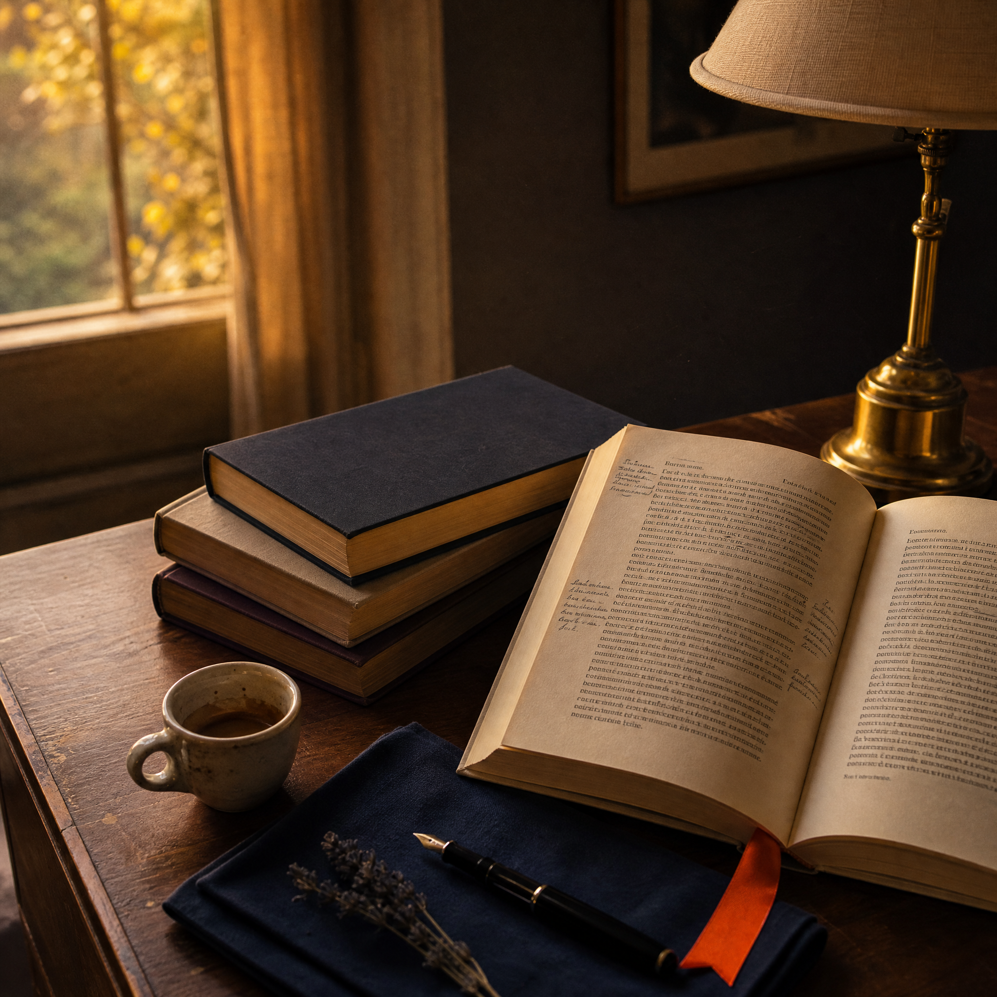 DelixGo Cultura — libri impilati e lampada in ottone