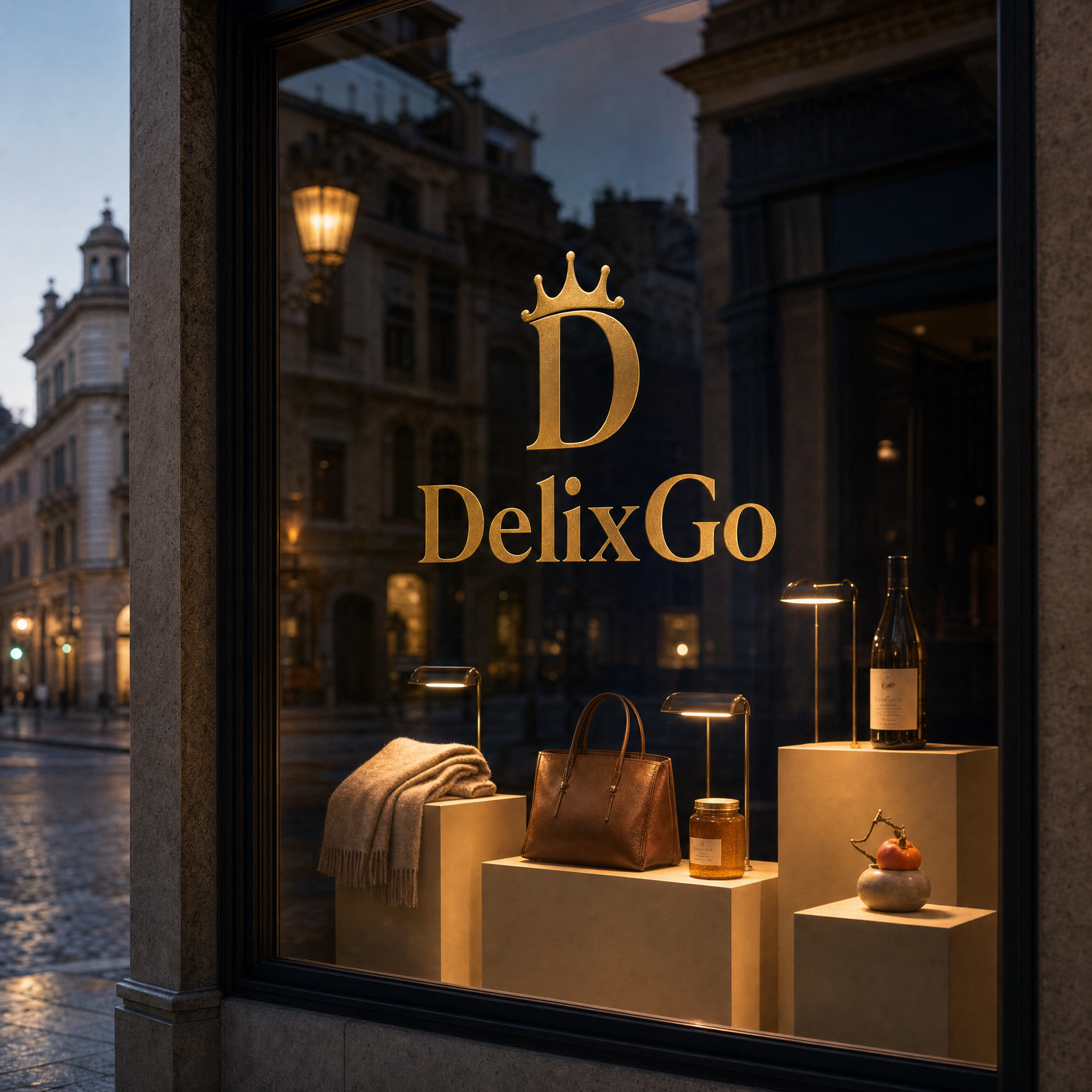 Vetrina italiana DelixGo con insegna oro su vetro