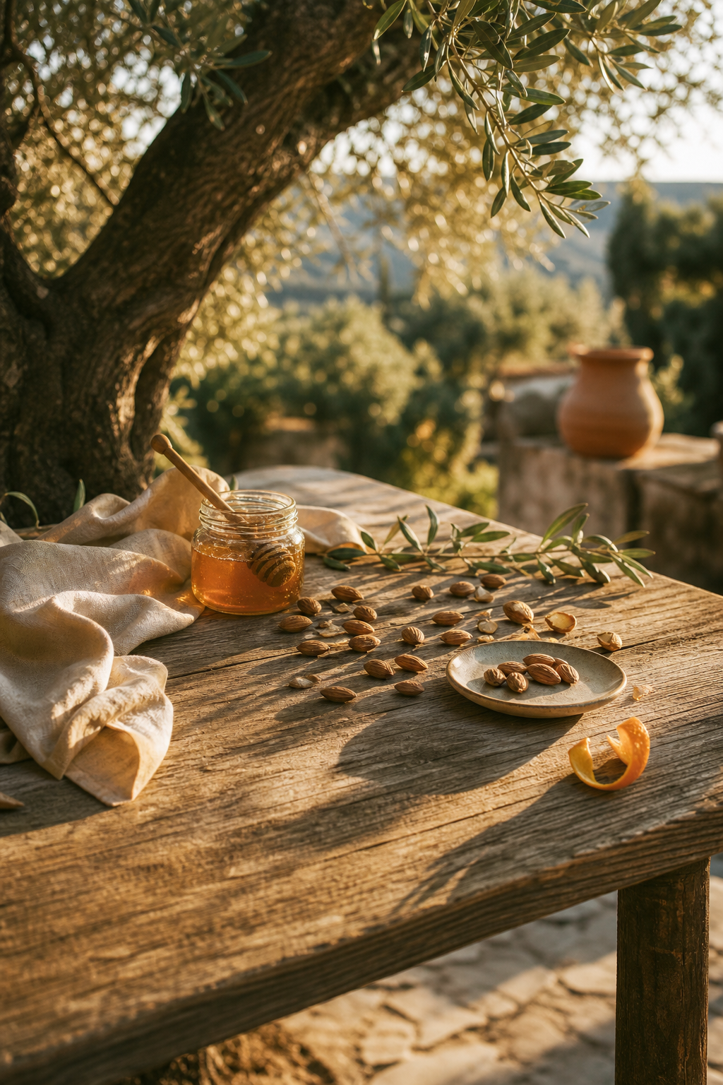 A rustic Italian table under an olive tree with raw honey, almonds and orange at golden hour