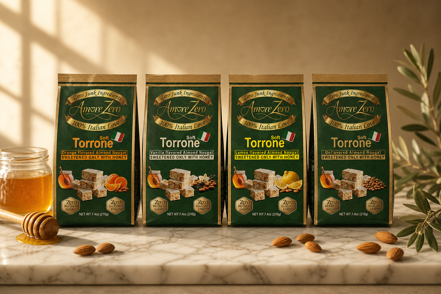 The four AmoreZero torrone flavors arranged on warm marble