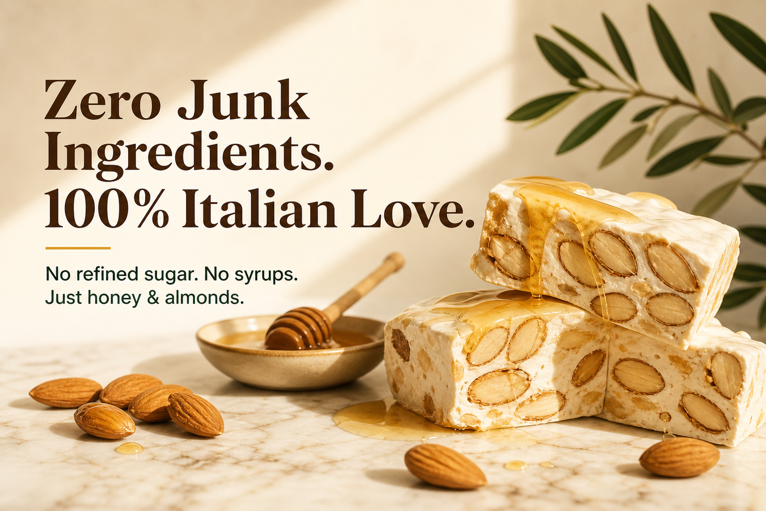 AmoreZero torrone with raw honey and almonds, brand promise still life