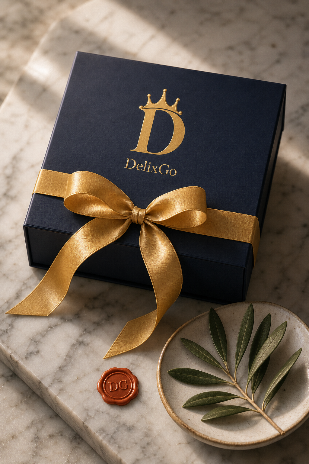 DelixGo Box — box navy con ribbon oro su marmo