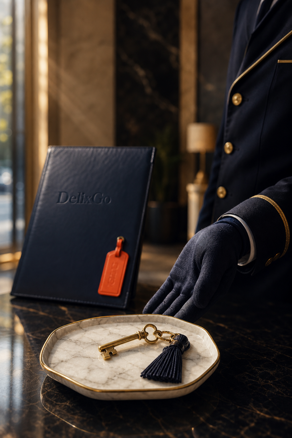 Servizi Luxury DelixGo — guanto in guanto navy che porge una chiave su vassoio di marmo