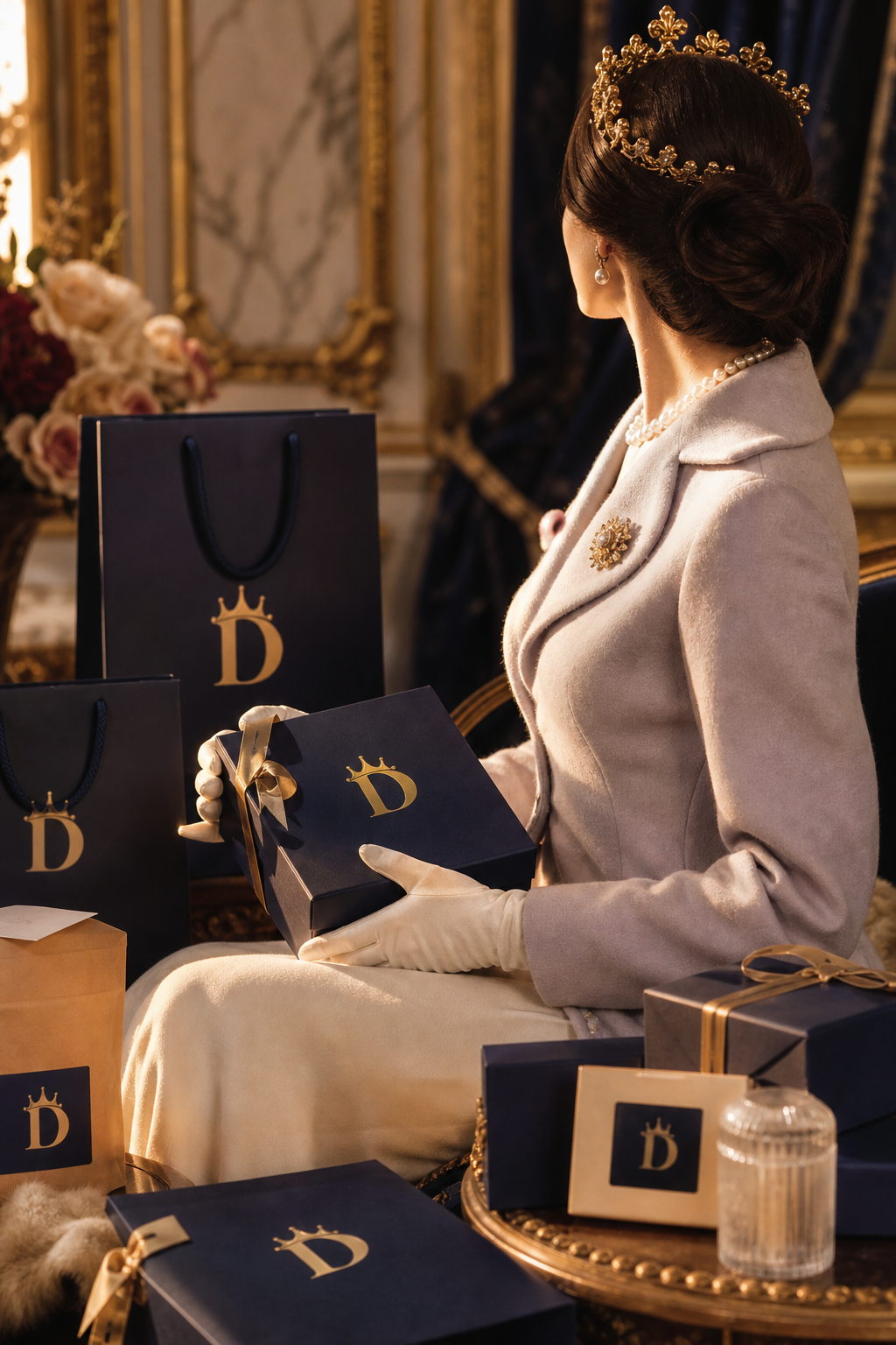 Tutto, ordinato da regina: figura regale in abito reale, guanti e corona oro, riceve in un palazzo italiano i pacchi DelixGo di categorie diverse — box con ribbon oro, shopping bag con corona, food e beauty — golden hour editoriale