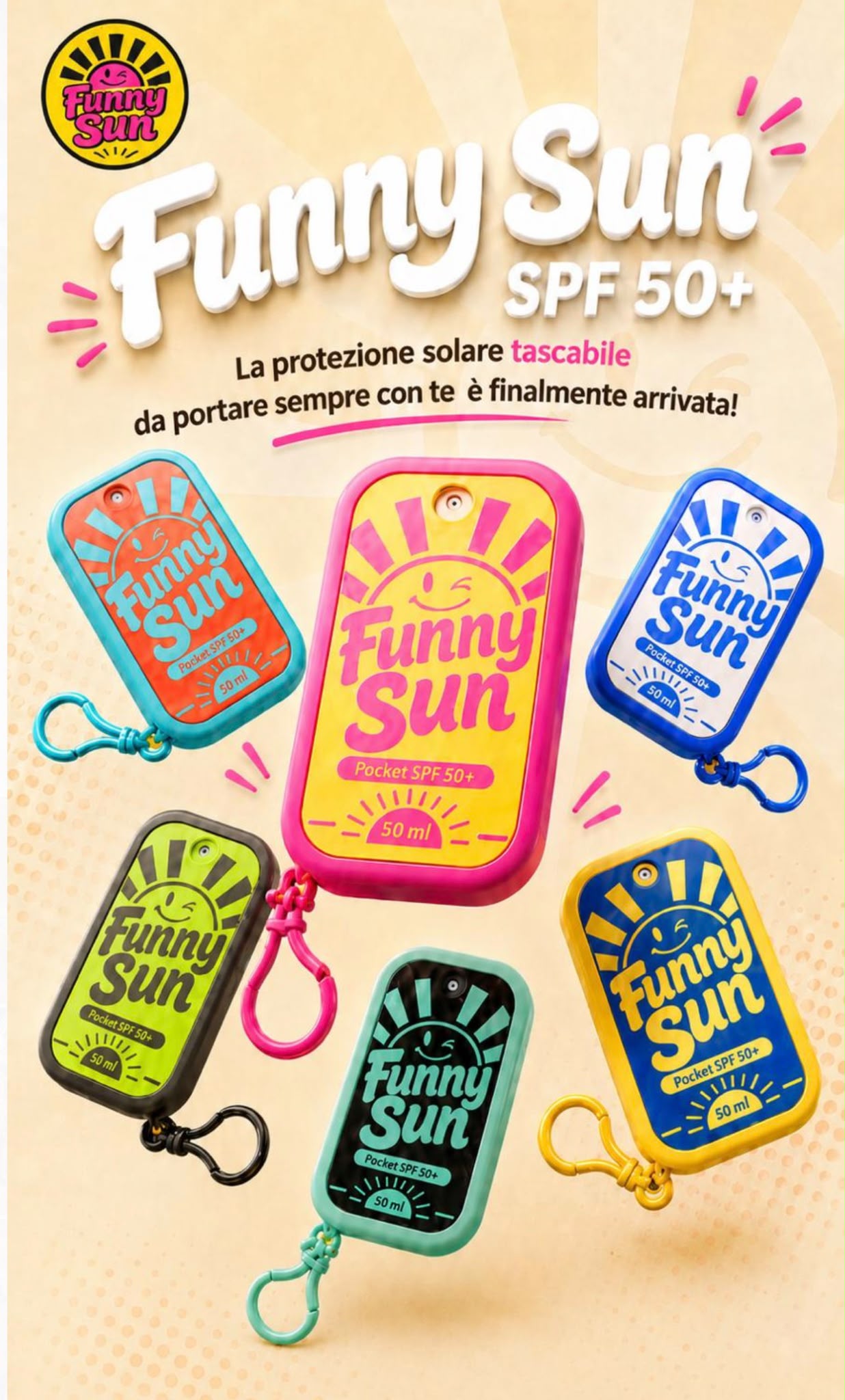 Funny Sun SPF 50+ — la protezione solare tascabile, 13 colori con clip integrato
