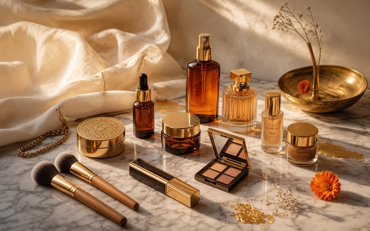 Beauty su DelixGo — flat lay prodotti beauty dorati su marmo, luce calda