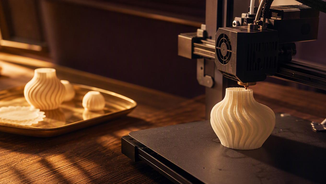 3D DelixGo Studio — stampante 3D al lavoro su un vaso in filamento, pezzi stampati pronti sul vassoio
