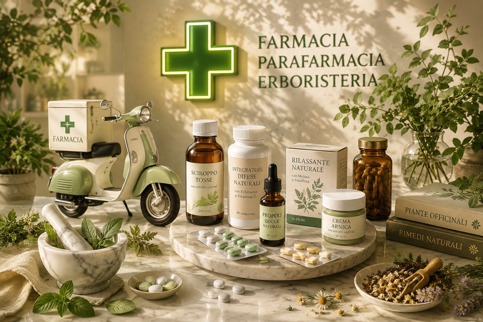 DelixGo Salute — vetrina farmacia con insegna a croce verde, scooter delle consegne, integratori ed erboristeria su marmo