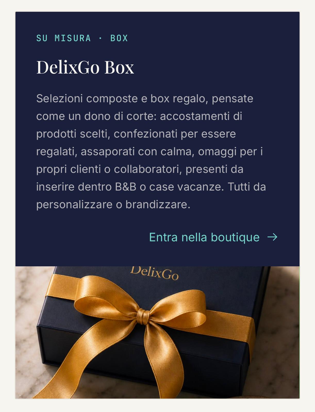 DelixGo Box — box navy con ribbon oro su marmo