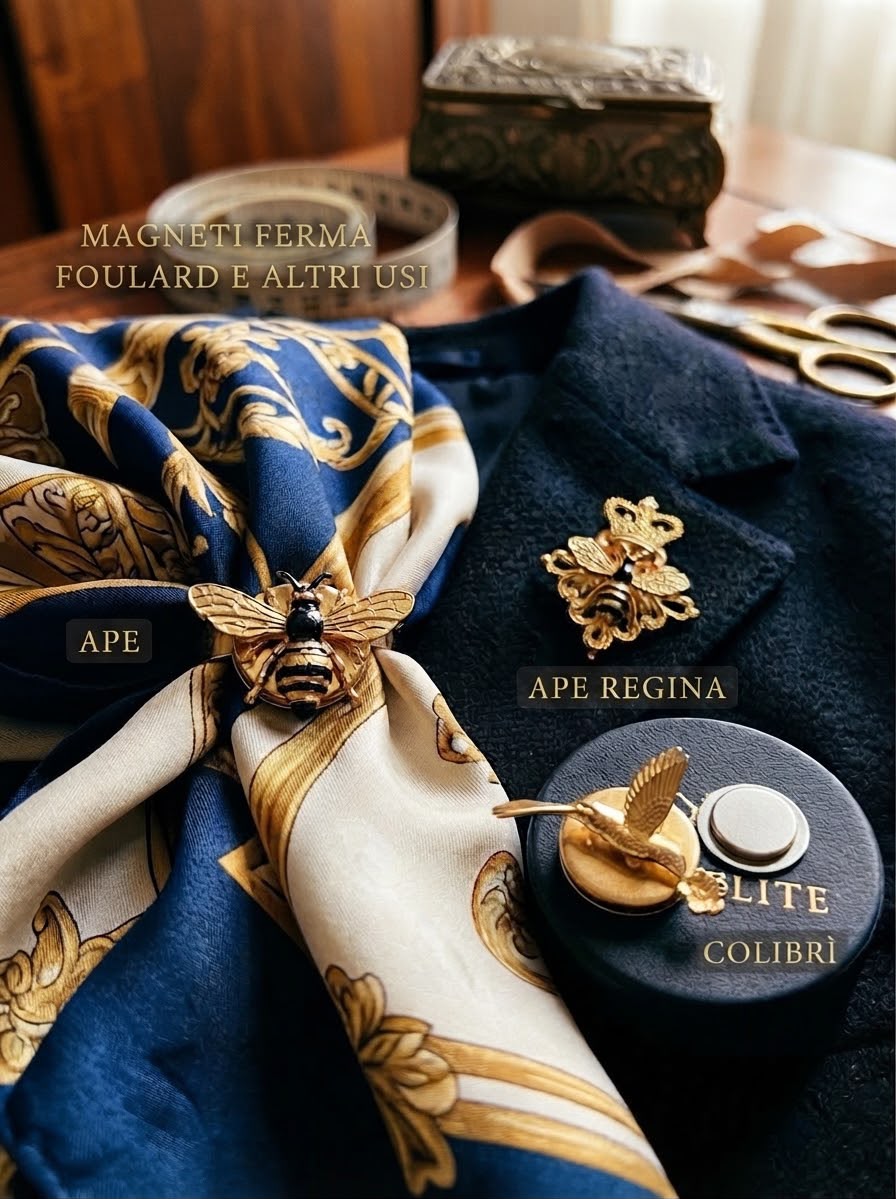 Ape — Fermafoulard magnetico indossato su foulard in seta e giacca — La Corte dei Foulard, DelixGo