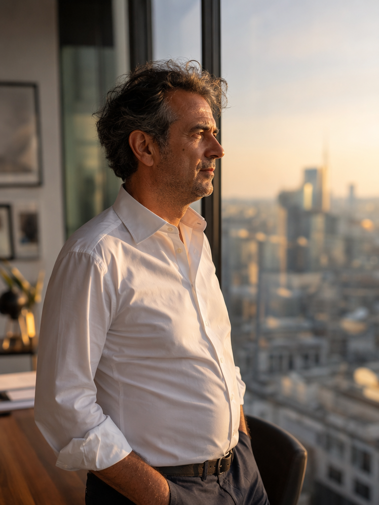 Imprenditore che riflette davanti alla vetrata di un ufficio al tramonto
