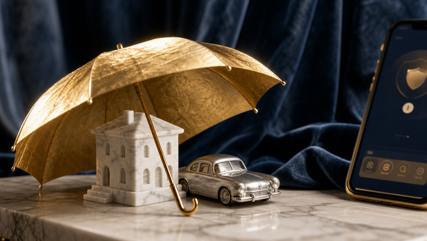 DelixGo Assicurazioni — ombrello dorato che ripara una casa in marmo e un'auto in miniatura, velluto navy