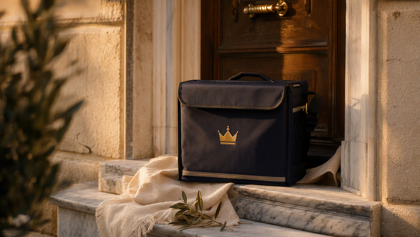 DelixGo Delivery — borsa rider DelixGo su gradino in marmo, golden hour