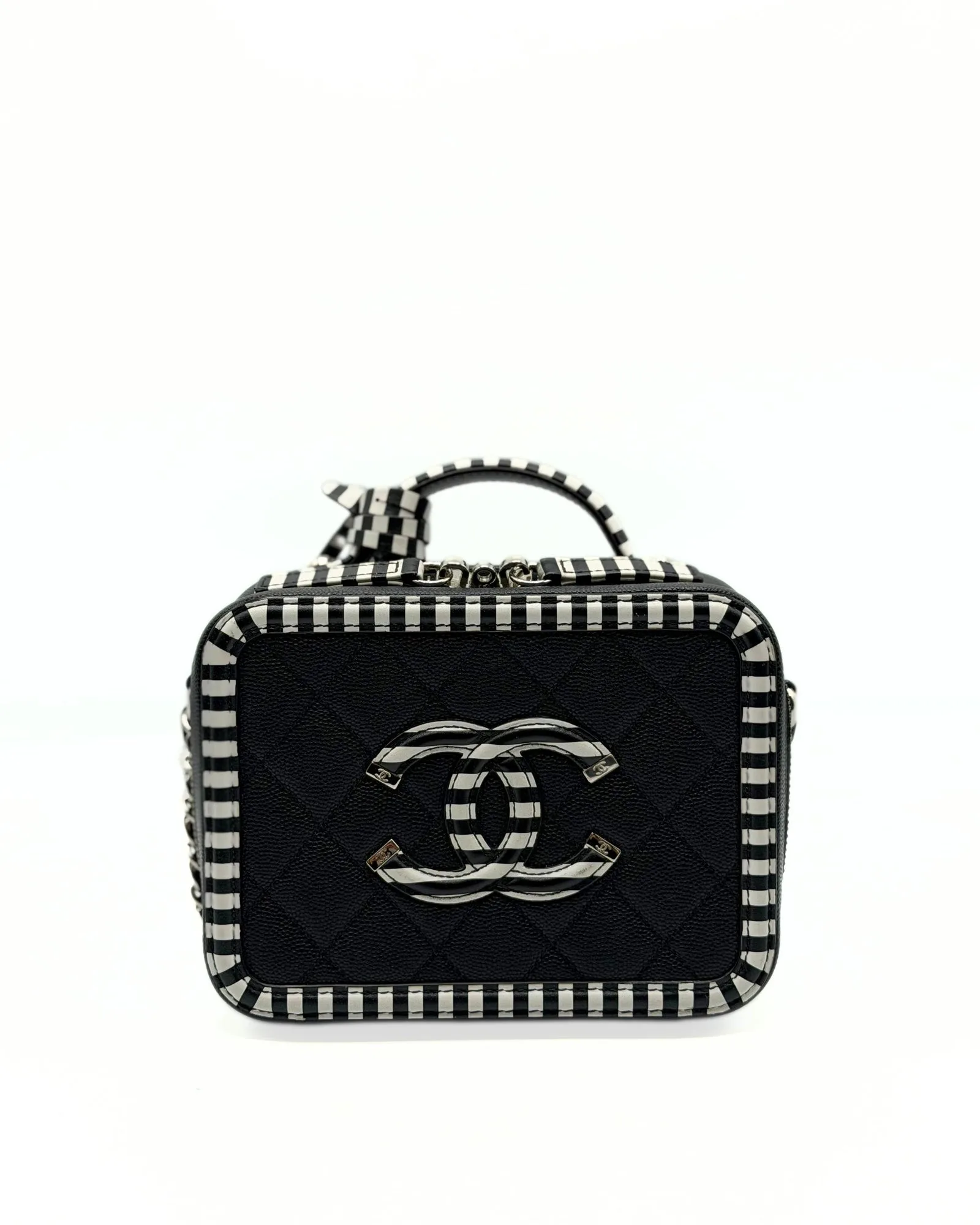 CHANEL CC Filigree Vanity Case Small Black Quilted Caviar with Black & White Stripes — DelixGo Luxury Bags