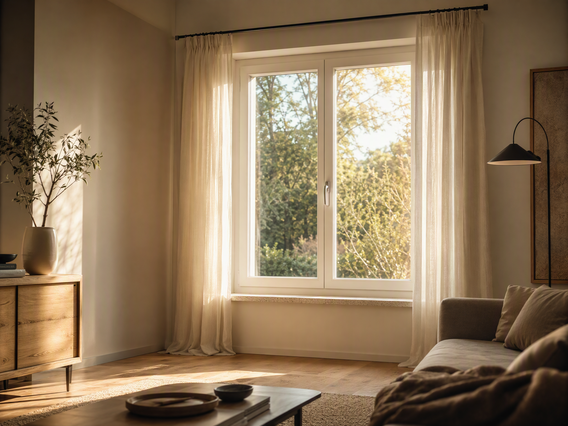 Finestra in PVC bianco in un soggiorno italiano contemporaneo