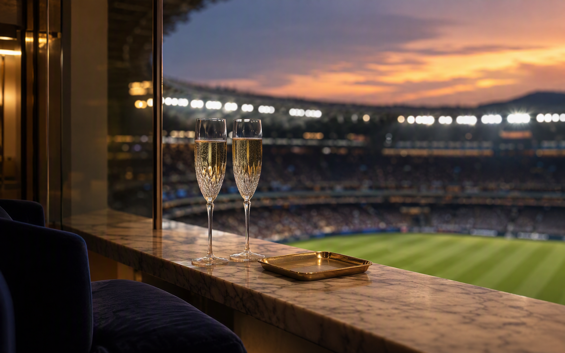 Eventi VIP DelixGo - sky box con vista sul campo al tramonto