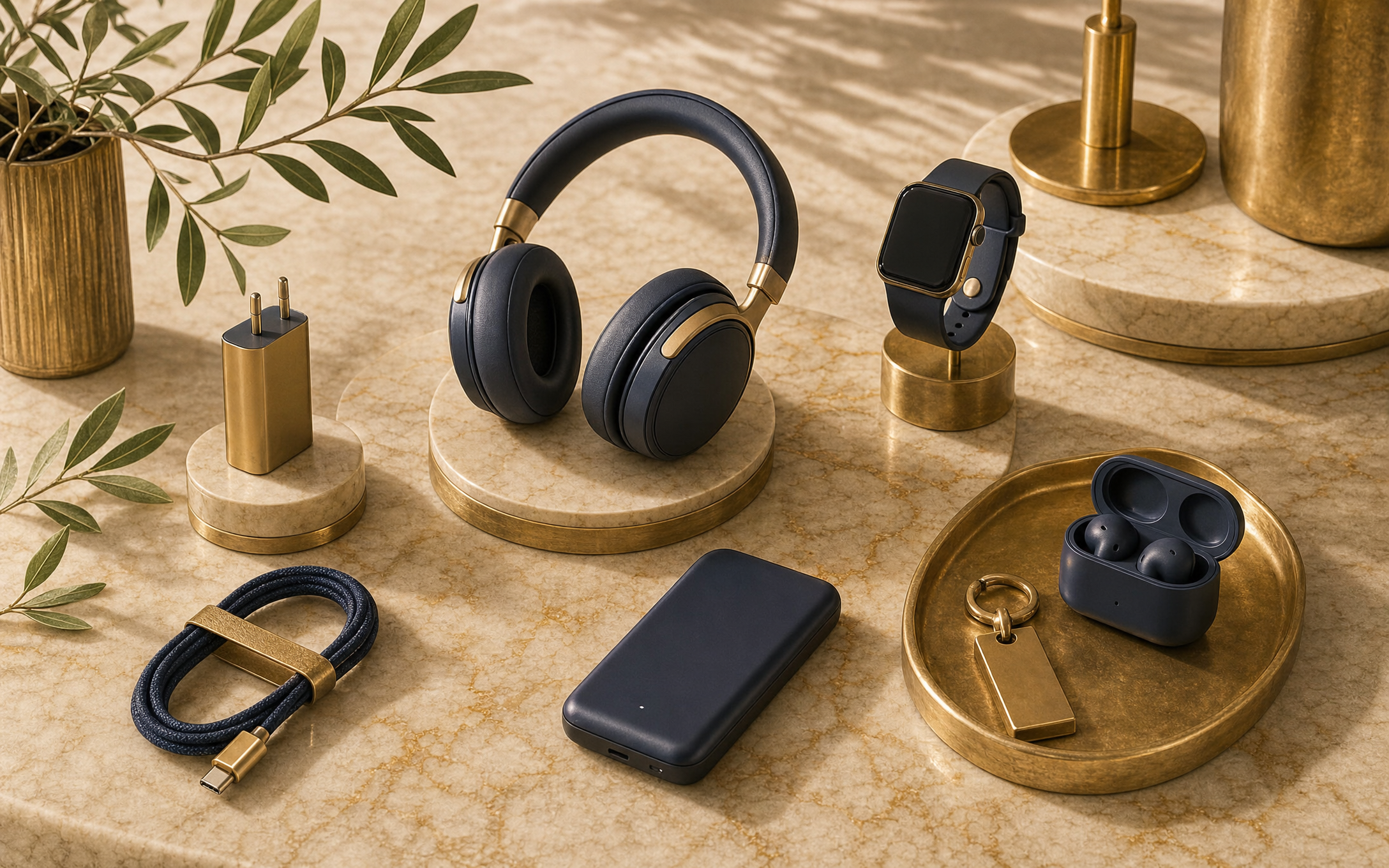 DelixGo iTech — accessori tech su marmo giallo antico e ottone, luce calda