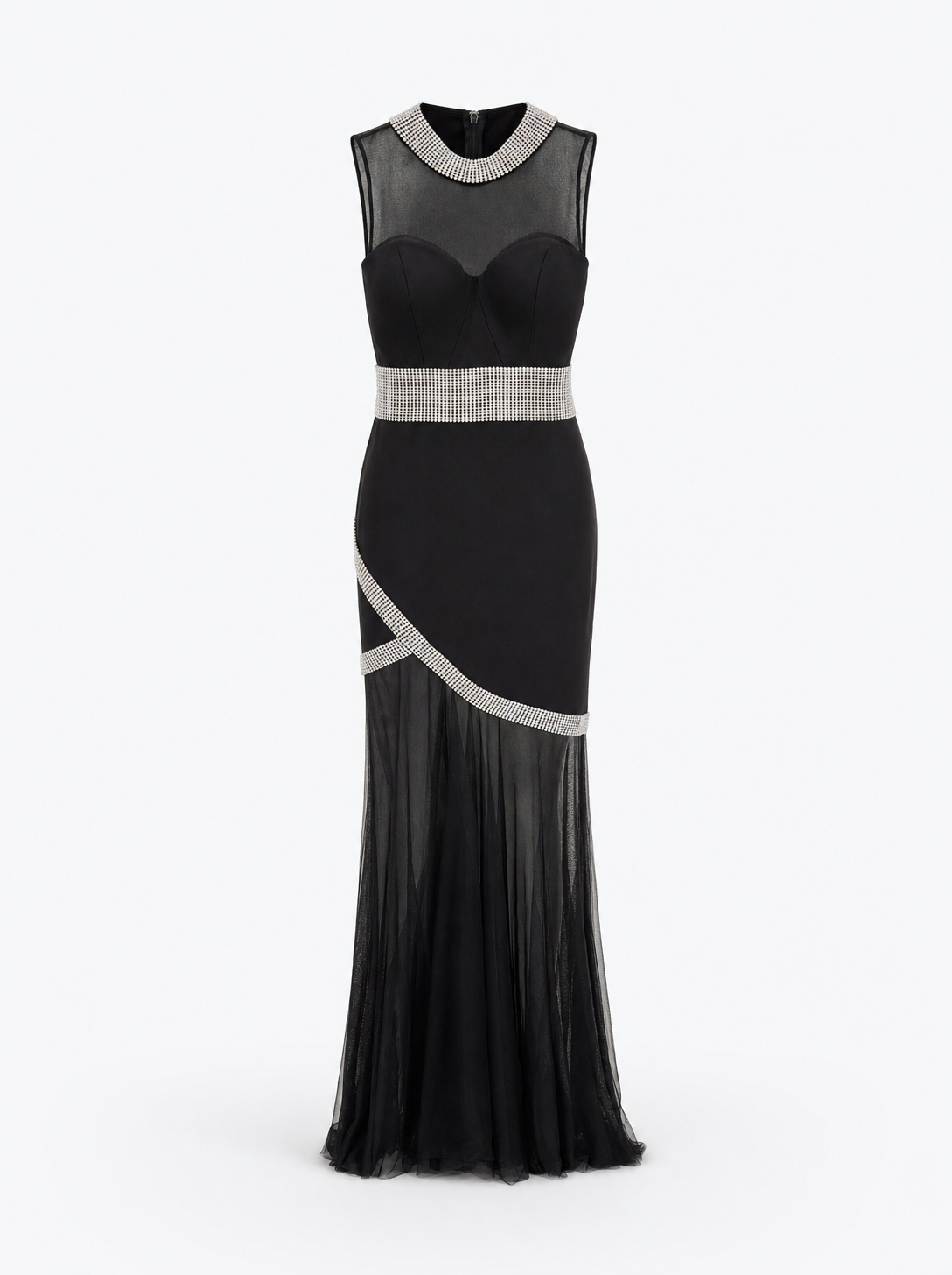 Abito nero con fascia di strass