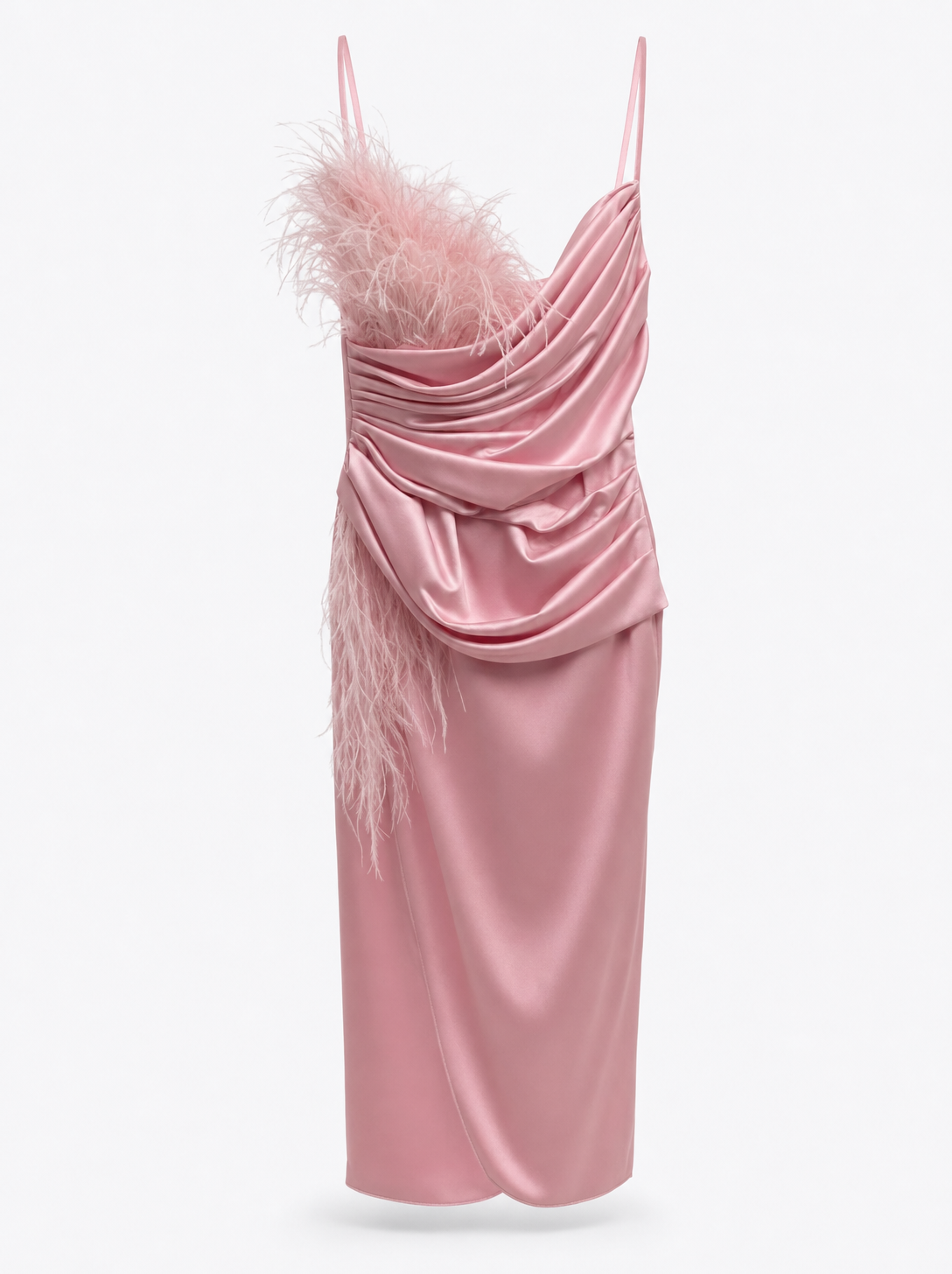 Abito rosa in raso con piume