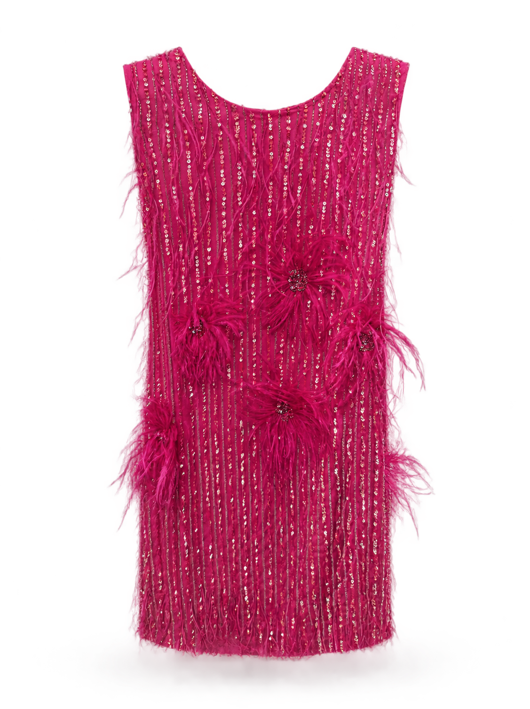 Abito corto fucsia con frange e piume