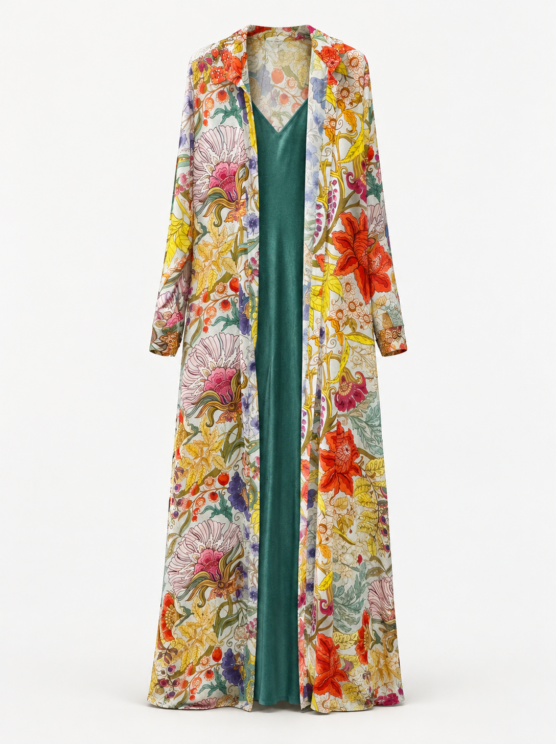 Kimono floreale lungo con abito verde