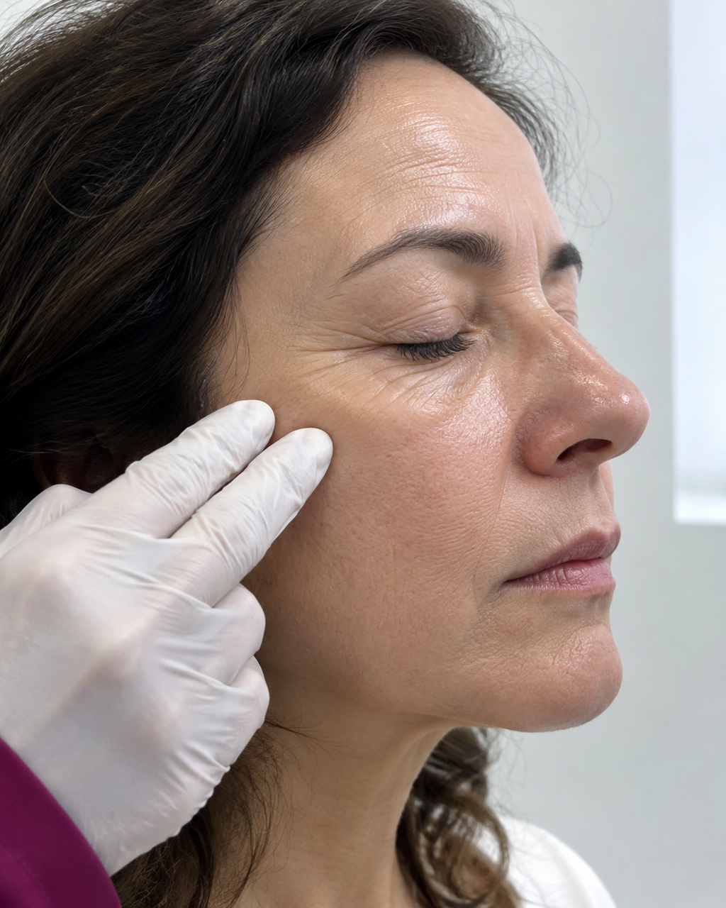 Il medico appoggia due dita sullo zigomo di una paziente per valutarne il sostegno