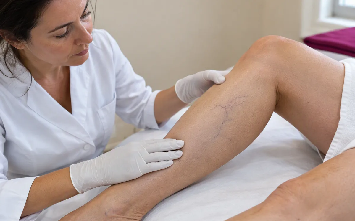 Le gambe di una paziente durante la valutazione per il trattamento sclerosante