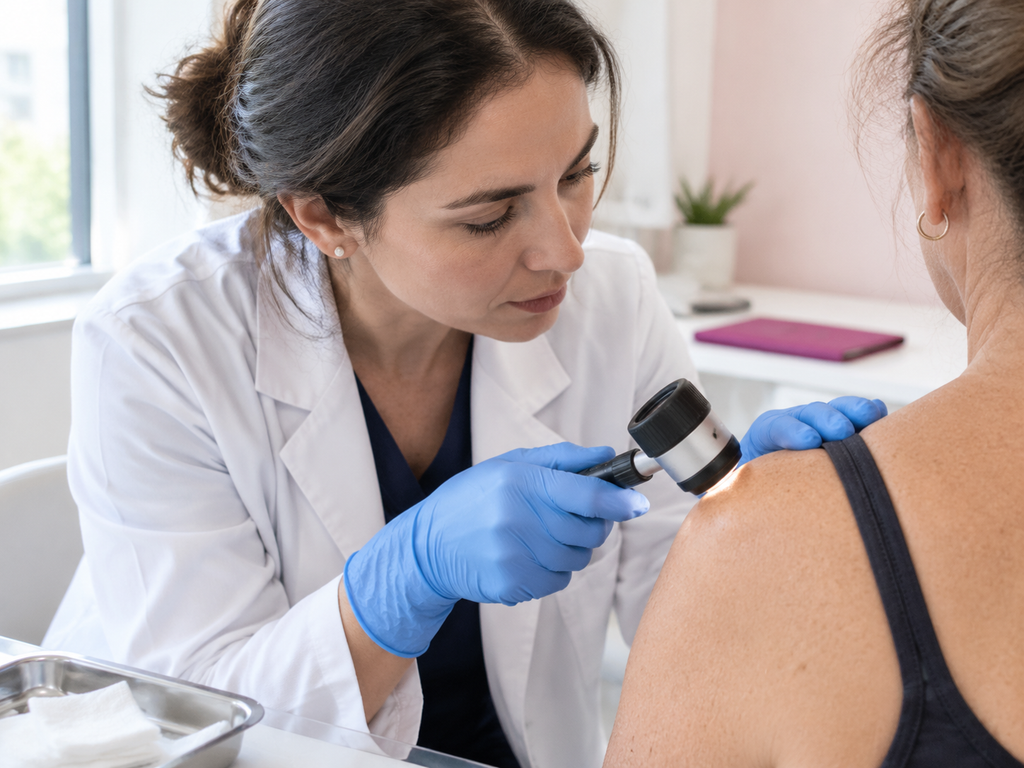 La dermatologa controlla una lesione della pelle con il dermatoscopio