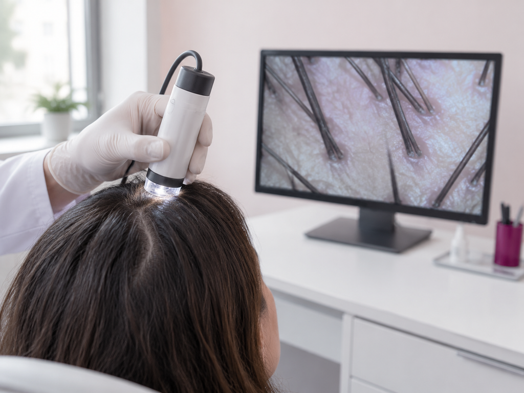 Il tricoscopio digitale ingrandisce capelli e cuoio capelluto