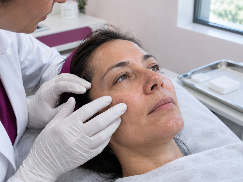 Il medico valuta la pelle del viso prima di un trattamento skinbooster