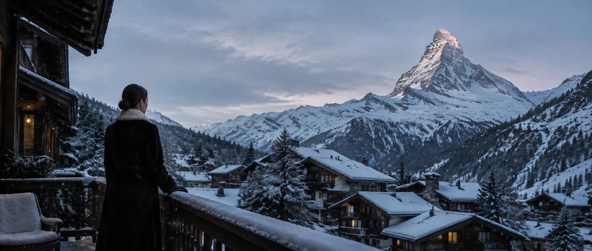 Donna in pelliccia davanti al Cervino a Zermatt, all'ora blu