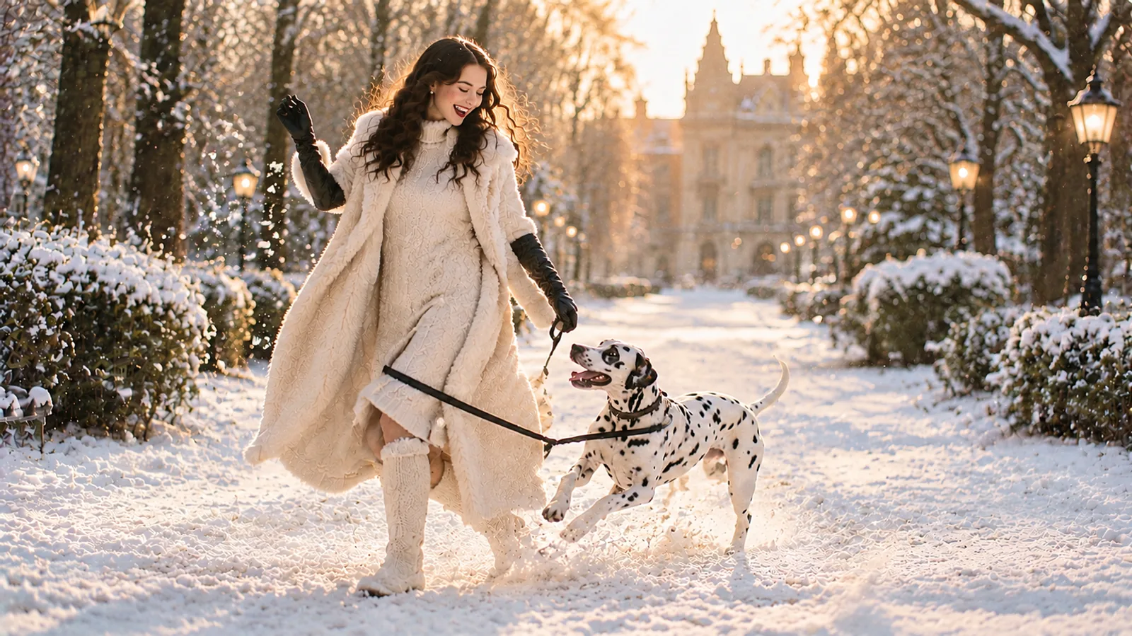 Ragazza in pelliccia ecologica gioca col suo dalmata nella neve