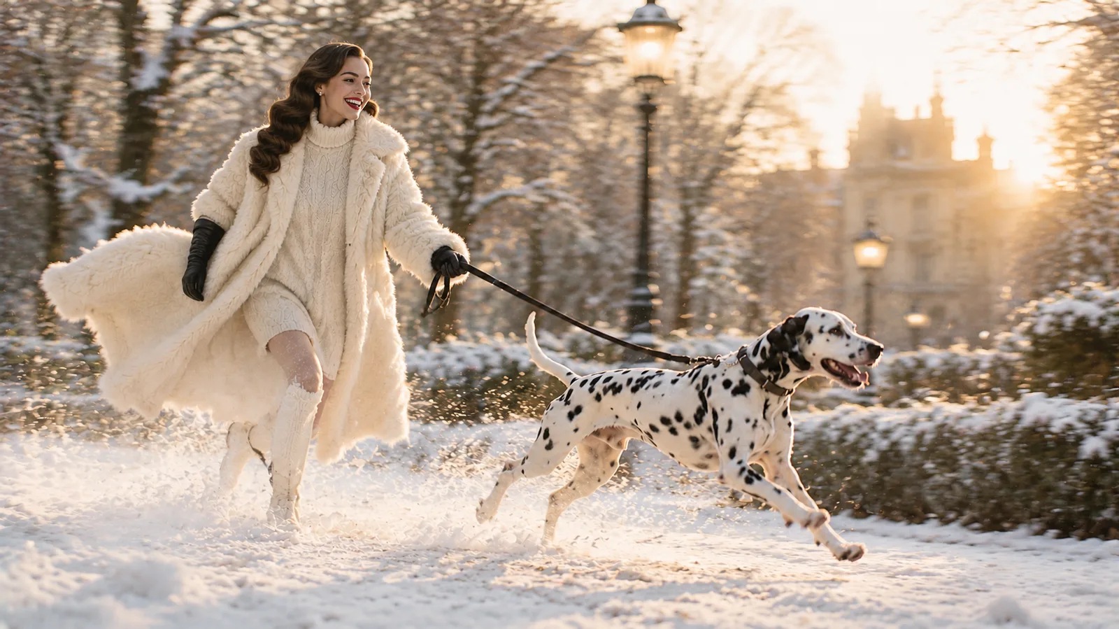 Ragazza corre nella neve col suo dalmata, pelliccia ecologica al vento