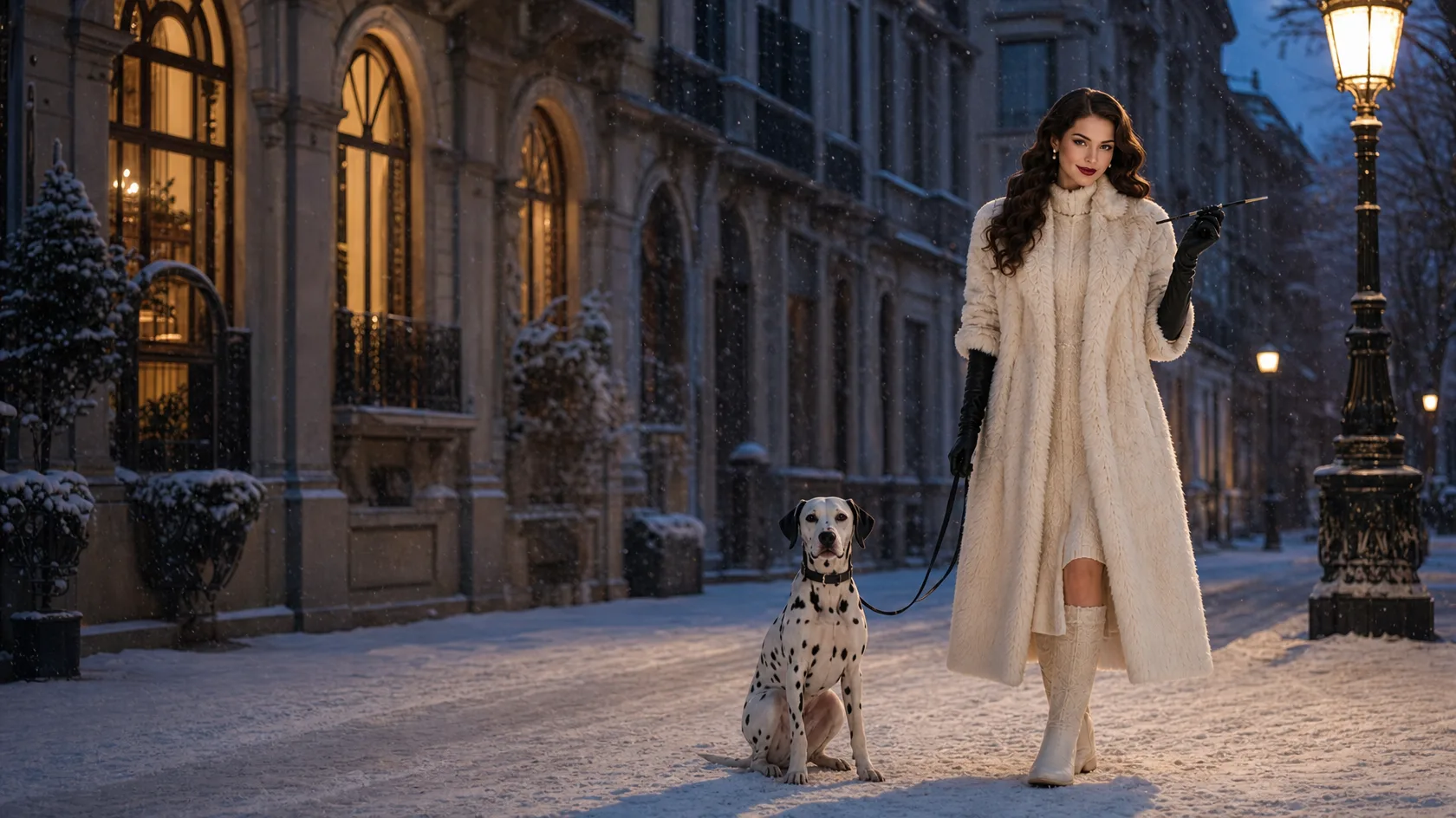 Ragazza in pelliccia ecologica avorio e guanti lunghi col suo dalmata in una via innevata di Milano di sera