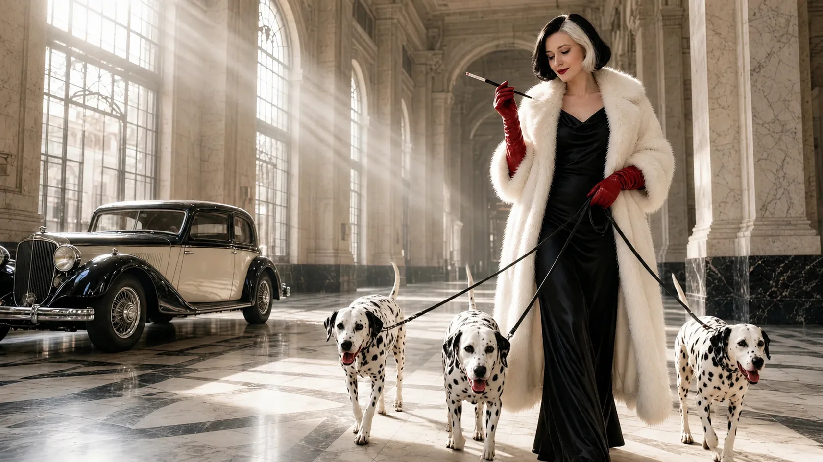 Donna glamour in pelliccia ecologica bianca e guanti rossi passeggia con tre dalmata felici in una stazione milanese anni Trenta
