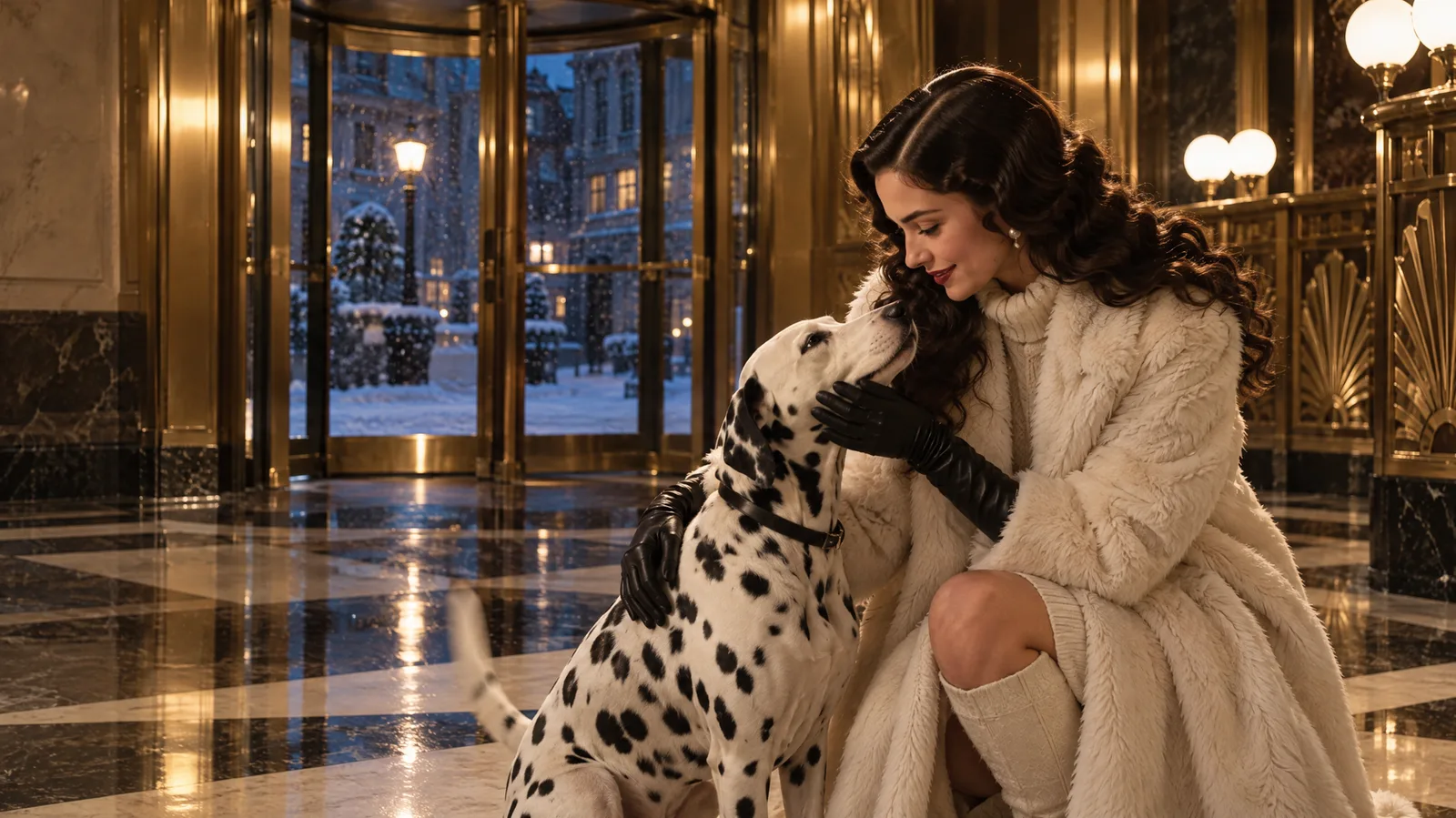 Ragazza in pelliccia ecologica avorio accarezza il suo dalmata all ingresso di un hotel Art Deco di Milano